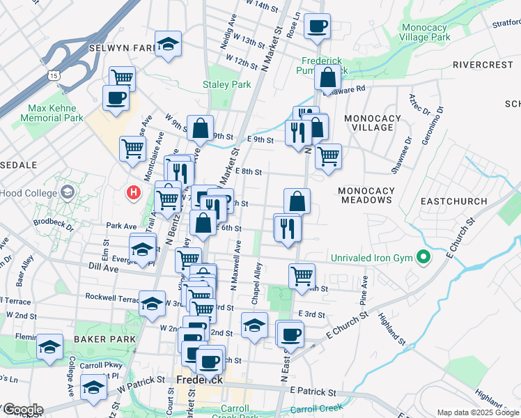 map of restaurants, bars, coffee shops, grocery stores, and more near 122 East 7th Street in Frederick