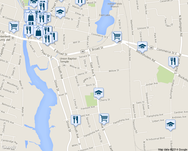 map of restaurants, bars, coffee shops, grocery stores, and more near 121 East Ave S in Bridgeton