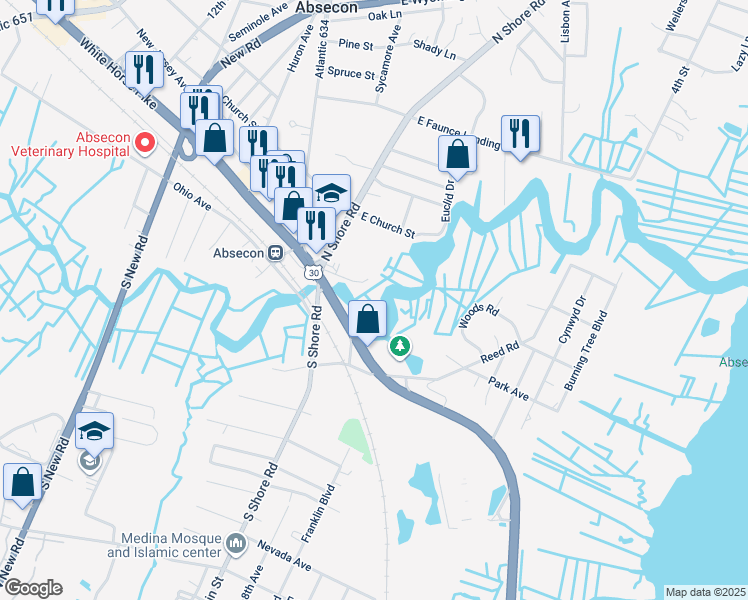map of restaurants, bars, coffee shops, grocery stores, and more near 40 North Shore Road in Absecon