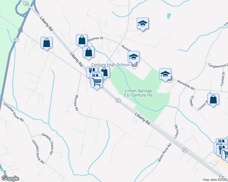 map of restaurants, bars, coffee shops, grocery stores, and more near 44 Liberty Road in Sykesville