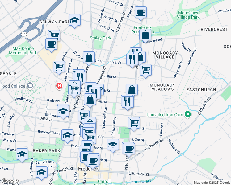 map of restaurants, bars, coffee shops, grocery stores, and more near 122 East 7th Street in Frederick