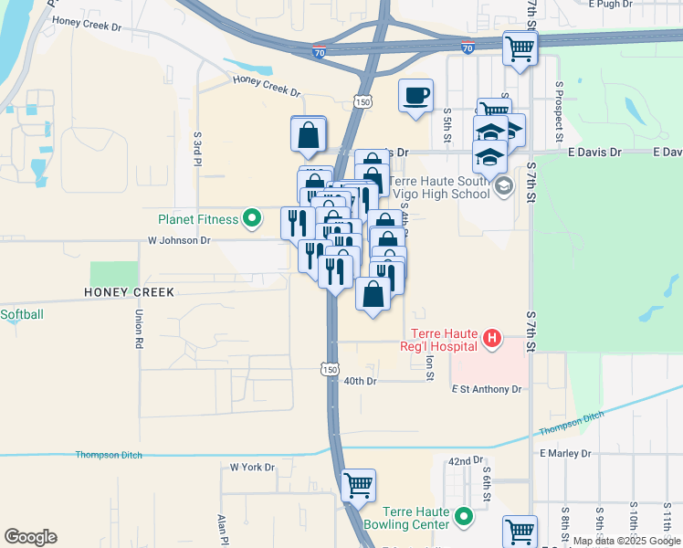map of restaurants, bars, coffee shops, grocery stores, and more near South US Highway 41 in Terre Haute