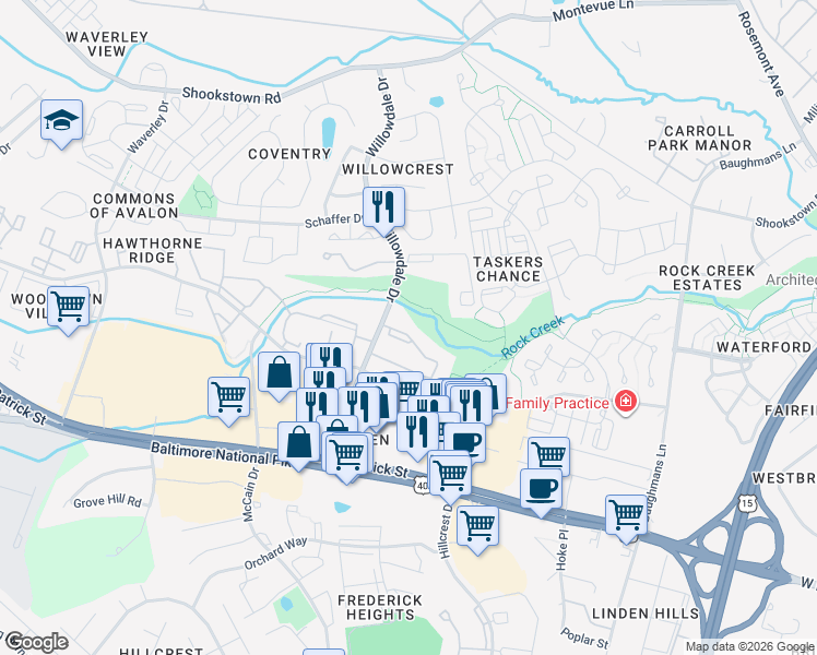map of restaurants, bars, coffee shops, grocery stores, and more near 138 Willowdale Drive in Frederick