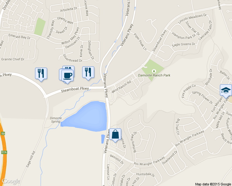 map of restaurants, bars, coffee shops, grocery stores, and more near 1801 Wind Ranch Road in Reno