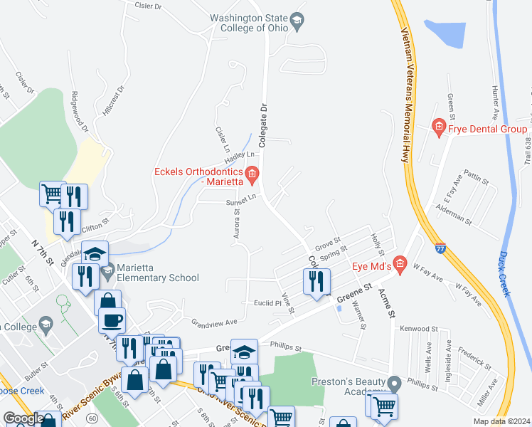 map of restaurants, bars, coffee shops, grocery stores, and more near 319 Colegate Drive in Marietta