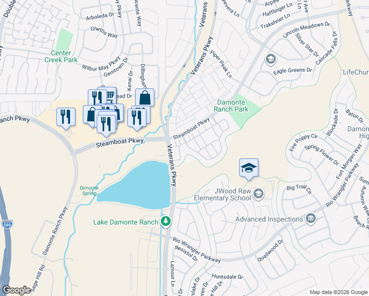map of restaurants, bars, coffee shops, grocery stores, and more near 1801 Wind Ranch Road in Reno