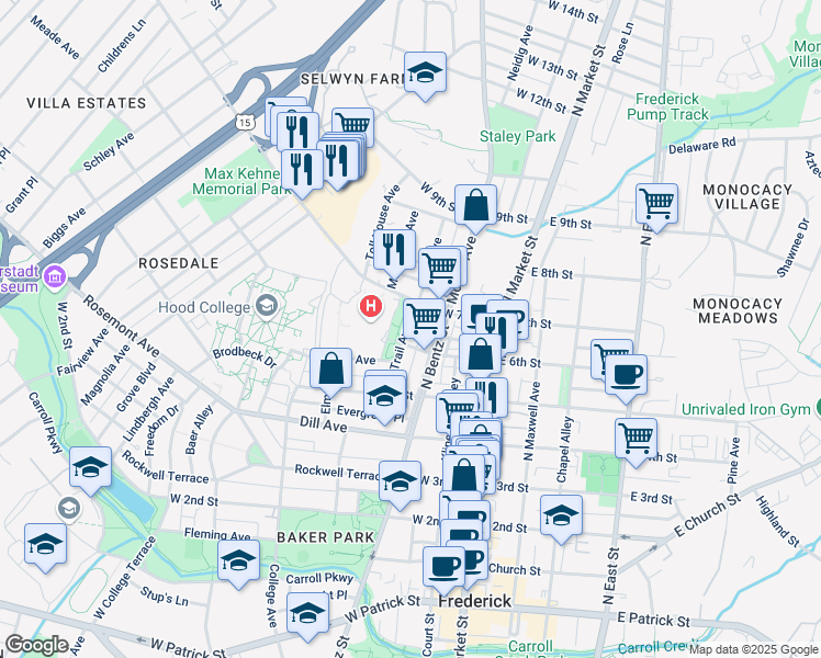 map of restaurants, bars, coffee shops, grocery stores, and more near 614 Trail Avenue in Frederick