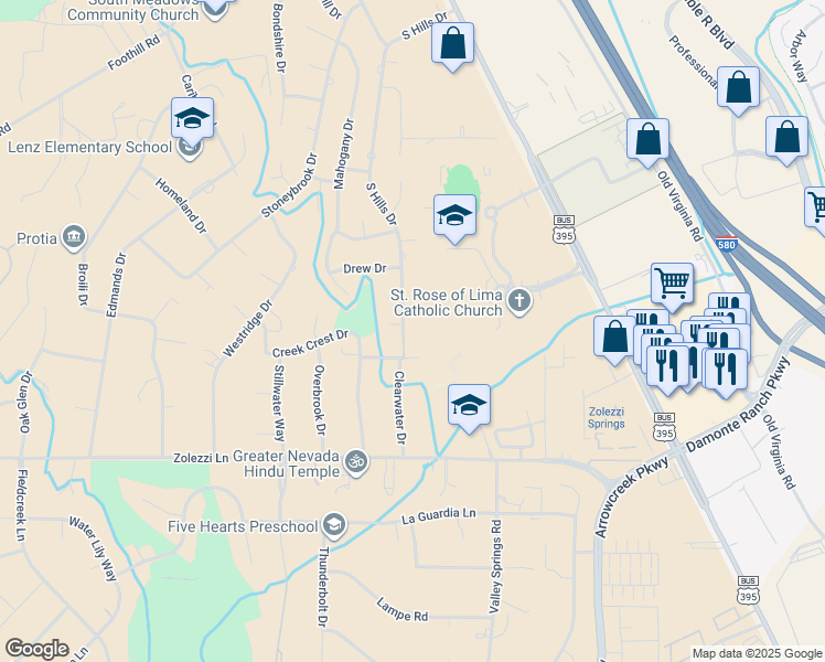 map of restaurants, bars, coffee shops, grocery stores, and more near 13500 Mick Circle in Reno