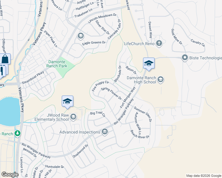 map of restaurants, bars, coffee shops, grocery stores, and more near 2483 Spring Flower Drive in Reno