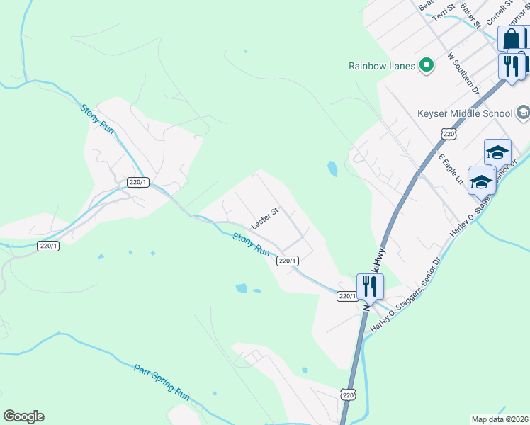 map of restaurants, bars, coffee shops, grocery stores, and more near 245 Kimble Street in Keyser