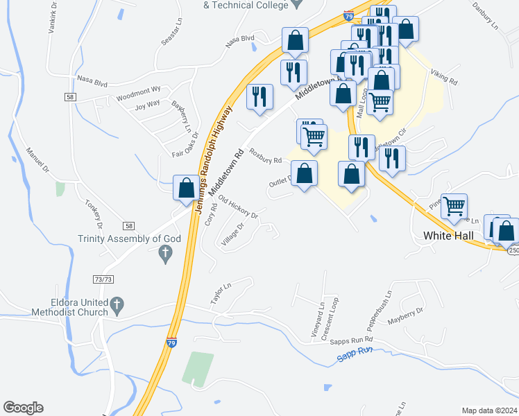 map of restaurants, bars, coffee shops, grocery stores, and more near 49 Dylan Dr in Fairmont