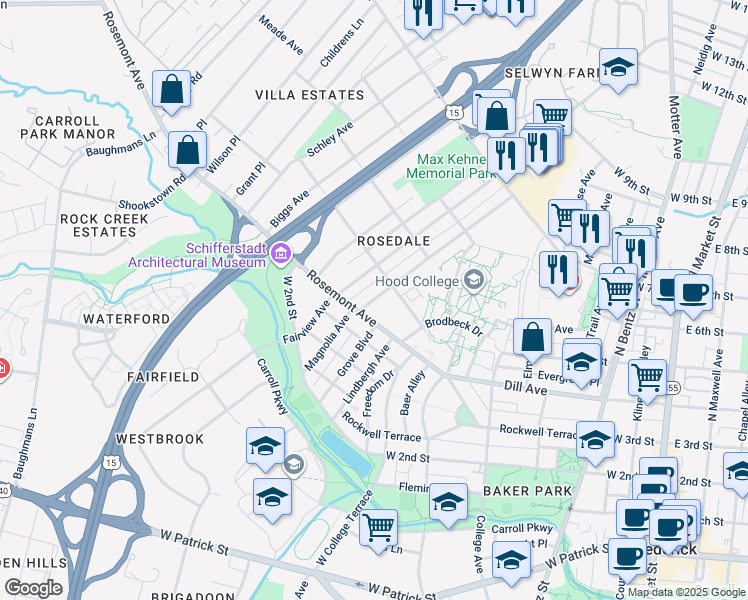 map of restaurants, bars, coffee shops, grocery stores, and more near 409 Magnolia Avenue in Frederick