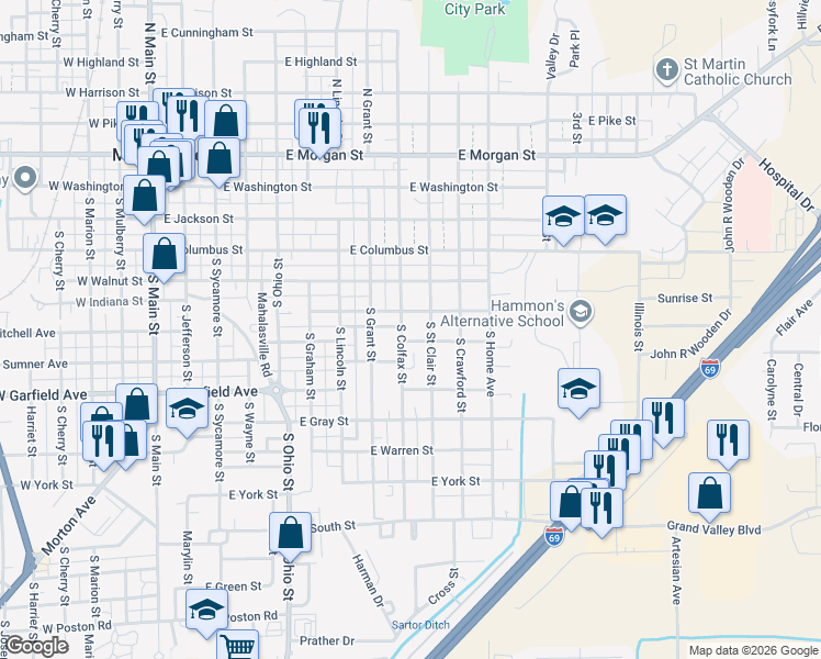 map of restaurants, bars, coffee shops, grocery stores, and more near 410 South Street Clair Street in Martinsville