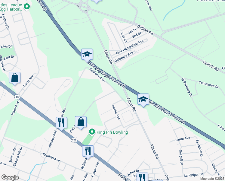 map of restaurants, bars, coffee shops, grocery stores, and more near 119 Goldenrod Lane in Egg Harbor Township