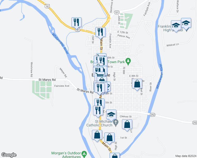 map of restaurants, bars, coffee shops, grocery stores, and more near in Brookville