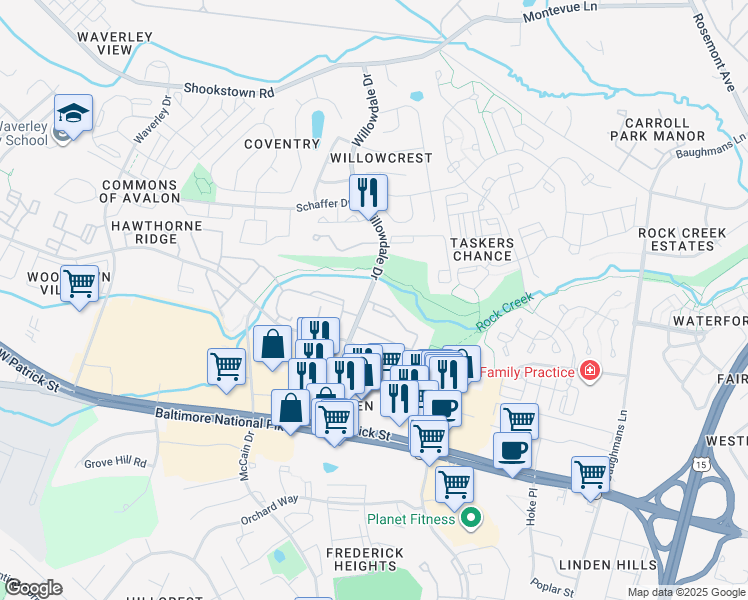 map of restaurants, bars, coffee shops, grocery stores, and more near 142 Willowdale Drive in Frederick