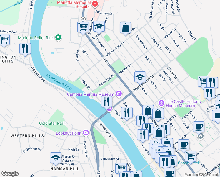 map of restaurants, bars, coffee shops, grocery stores, and more near 627 2nd Street in Marietta