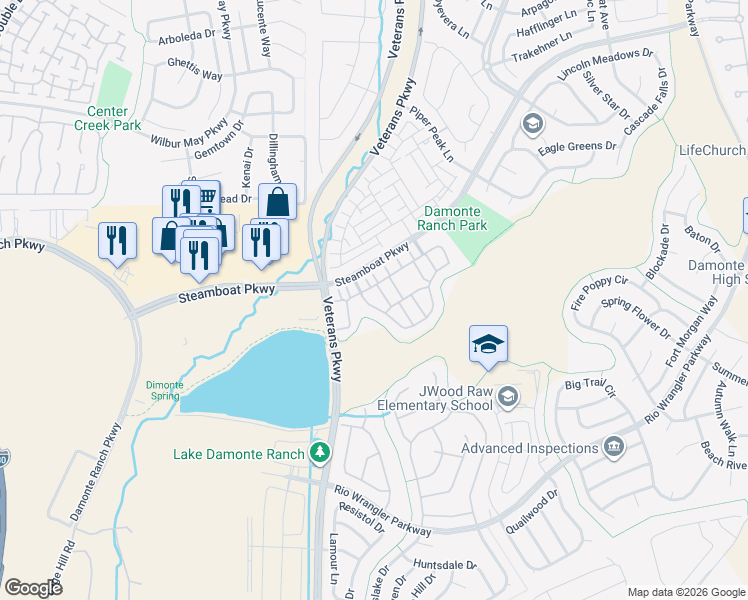 map of restaurants, bars, coffee shops, grocery stores, and more near 1801 Wind Ranch Road in Reno