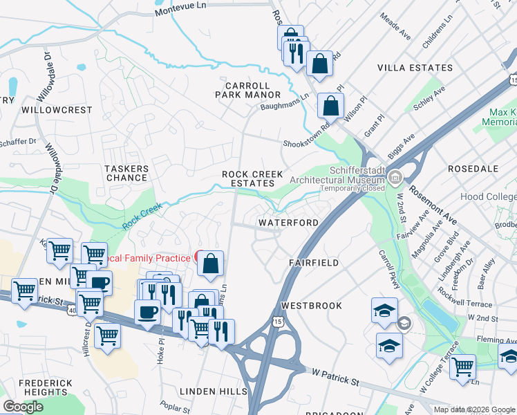 map of restaurants, bars, coffee shops, grocery stores, and more near 906 McLendon Drive in Frederick