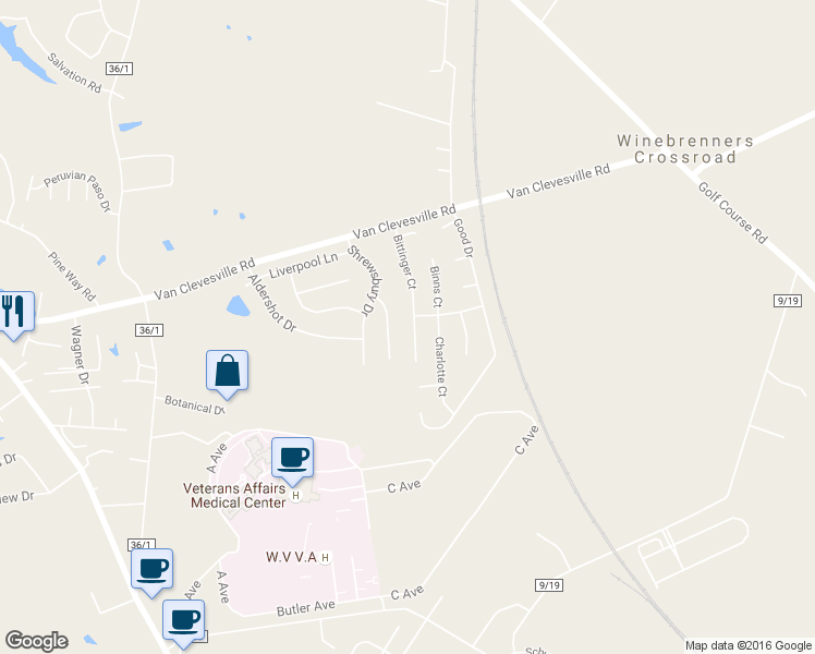 map of restaurants, bars, coffee shops, grocery stores, and more near 218 Bittinger Court in Martinsburg