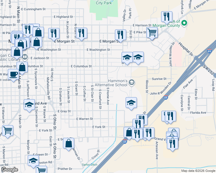 map of restaurants, bars, coffee shops, grocery stores, and more near 419 South Home Avenue in Martinsville