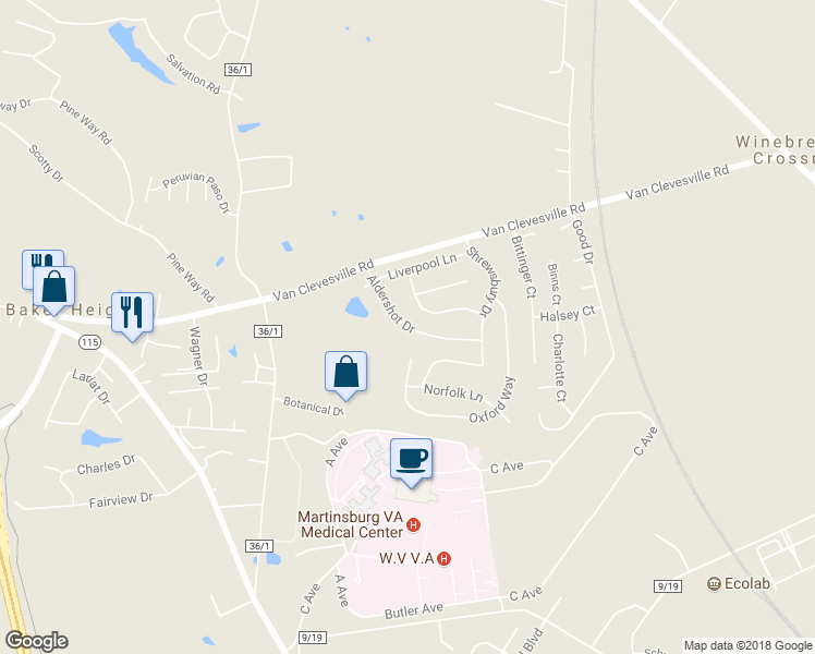 map of restaurants, bars, coffee shops, grocery stores, and more near Aldershot Drive in Martinsburg