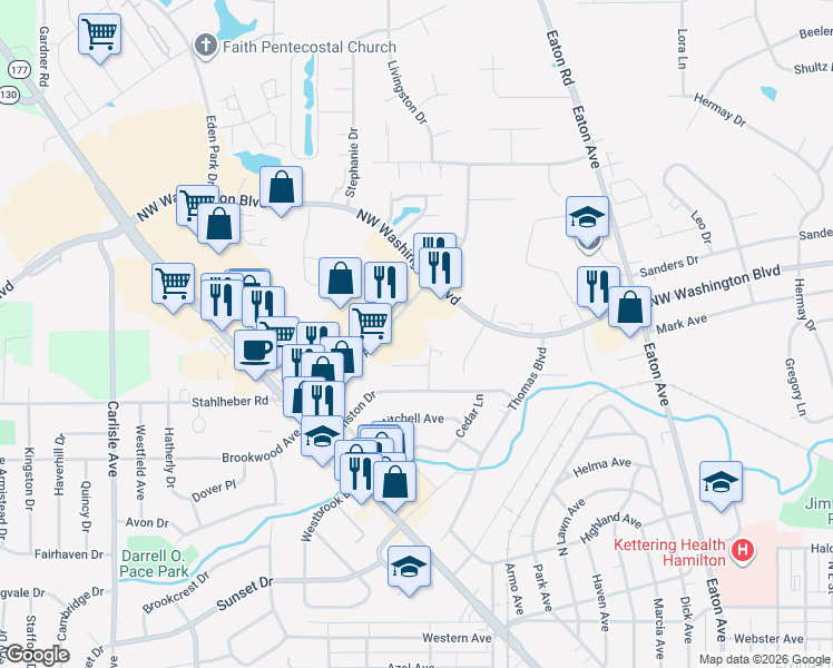 map of restaurants, bars, coffee shops, grocery stores, and more near 173 North Brookwood Avenue in Hamilton