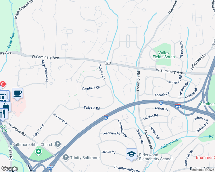 map of restaurants, bars, coffee shops, grocery stores, and more near 8413 Tally Ho Road in Lutherville-Timonium