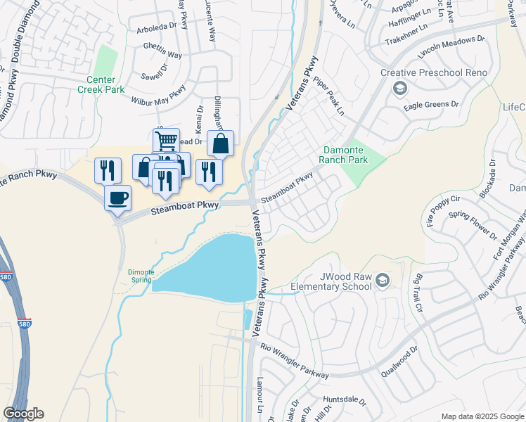 map of restaurants, bars, coffee shops, grocery stores, and more near 1775 Wind Ranch Road in Reno