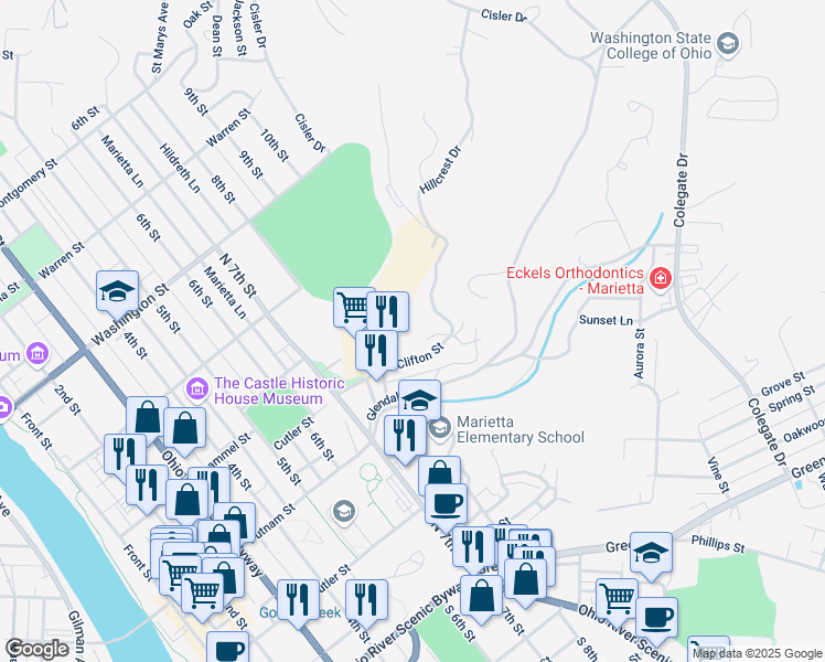 map of restaurants, bars, coffee shops, grocery stores, and more near 1 -25 Clifton Street in Marietta
