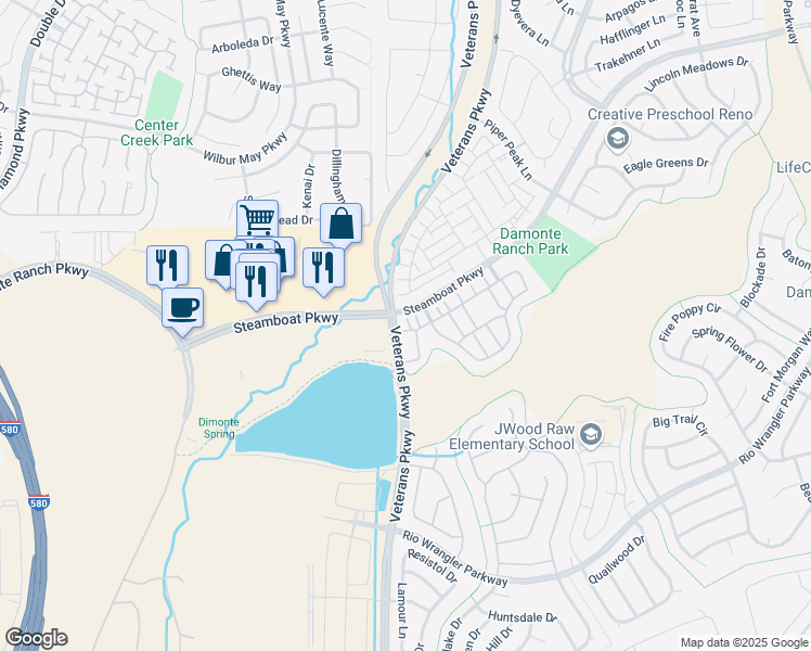map of restaurants, bars, coffee shops, grocery stores, and more near 1765 Wind Ranch Road in Reno