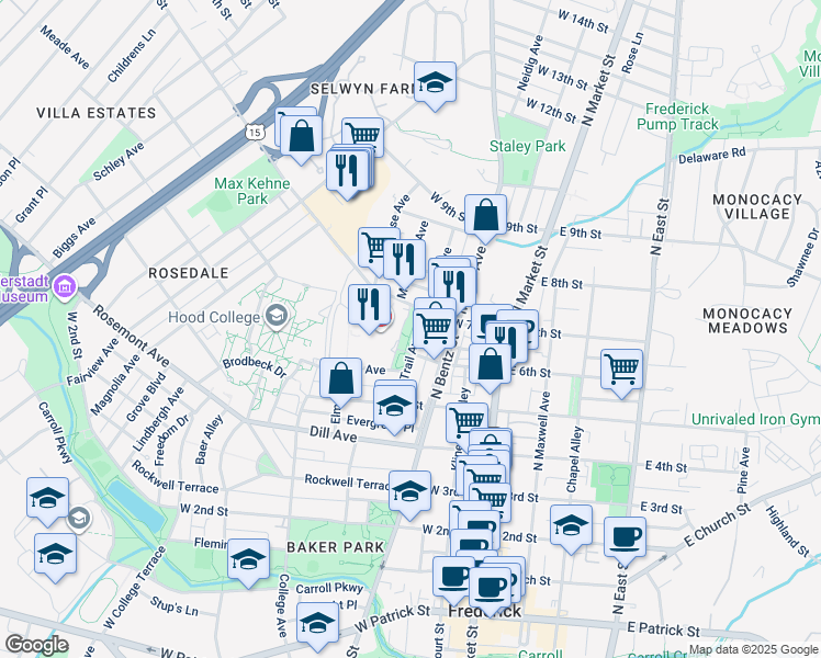 map of restaurants, bars, coffee shops, grocery stores, and more near 300 West 7th Street in Frederick
