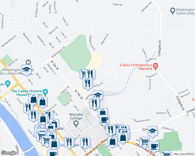 map of restaurants, bars, coffee shops, grocery stores, and more near 240 Hillcrest Drive in Marietta