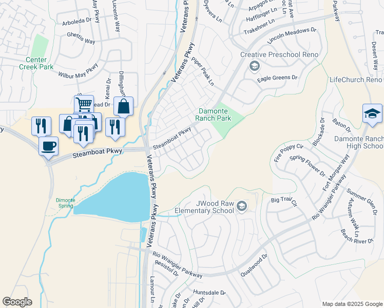 map of restaurants, bars, coffee shops, grocery stores, and more near Dark Horse Road in Reno