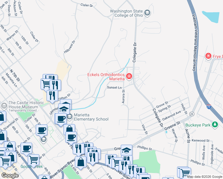 map of restaurants, bars, coffee shops, grocery stores, and more near 118 Sunset Lane in Marietta