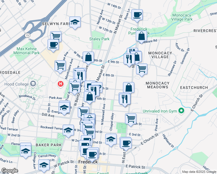 map of restaurants, bars, coffee shops, grocery stores, and more near 107 East 7th Street in Frederick