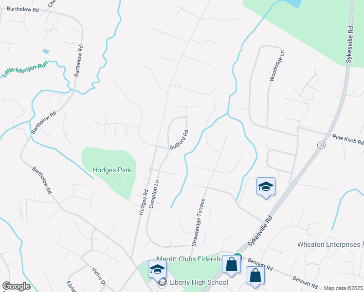 map of restaurants, bars, coffee shops, grocery stores, and more near 1253 Guilford Road in Eldersburg