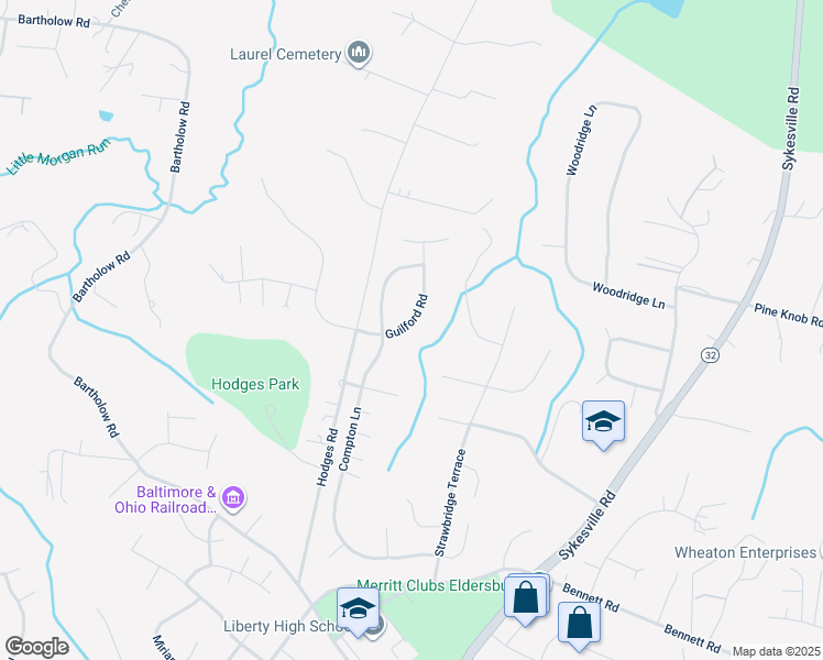 map of restaurants, bars, coffee shops, grocery stores, and more near 1253 Guilford Road in Eldersburg