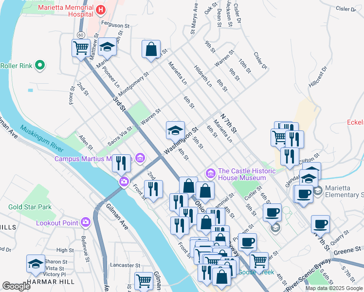 map of restaurants, bars, coffee shops, grocery stores, and more near 402 1/2 Washington Street in Marietta