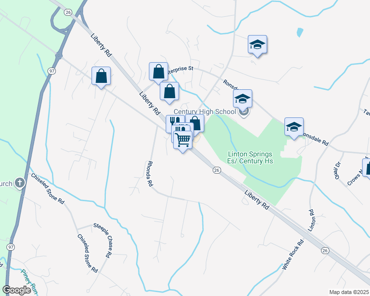 map of restaurants, bars, coffee shops, grocery stores, and more near 21 Liberty Road in Sykesville