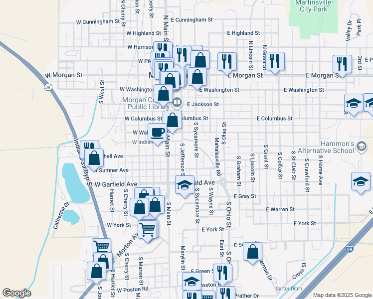 map of restaurants, bars, coffee shops, grocery stores, and more near 459 South Jefferson Street in Martinsville