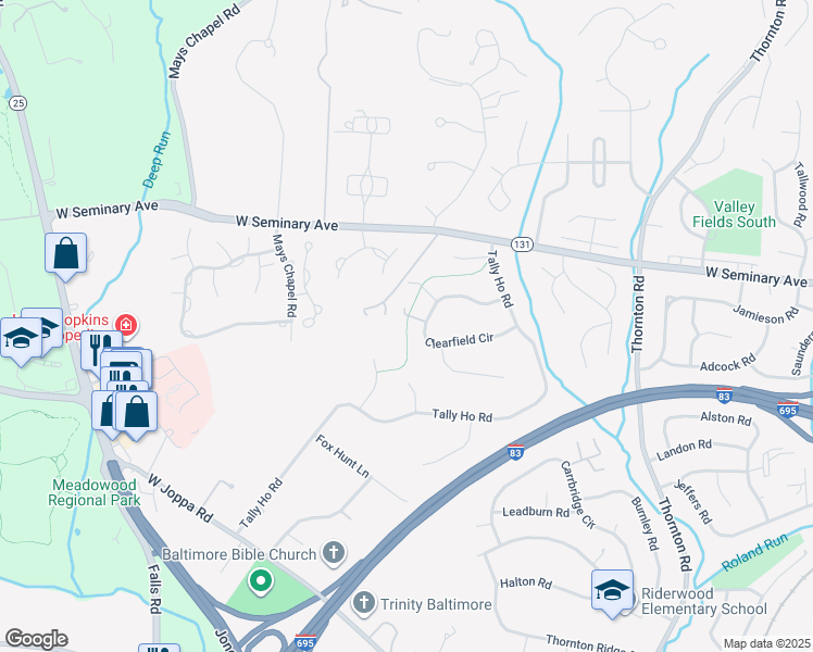 map of restaurants, bars, coffee shops, grocery stores, and more near 1230 Clearfield Circle in Lutherville-Timonium