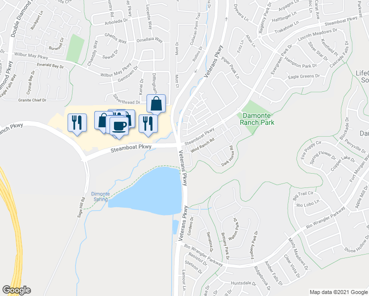 map of restaurants, bars, coffee shops, grocery stores, and more near 1775 Wind Ranch Road in Reno