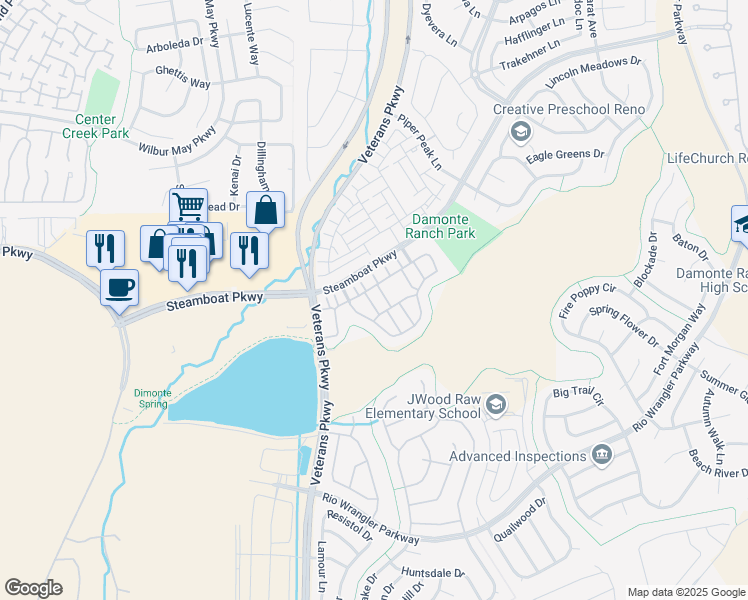 map of restaurants, bars, coffee shops, grocery stores, and more near 1828 Wind Ranch Road in Reno