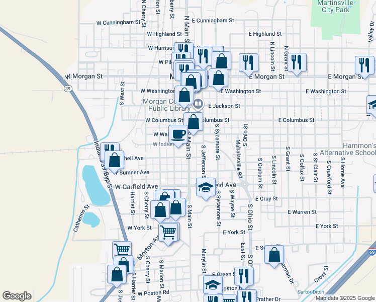 map of restaurants, bars, coffee shops, grocery stores, and more near 464 South Main Street in Martinsville