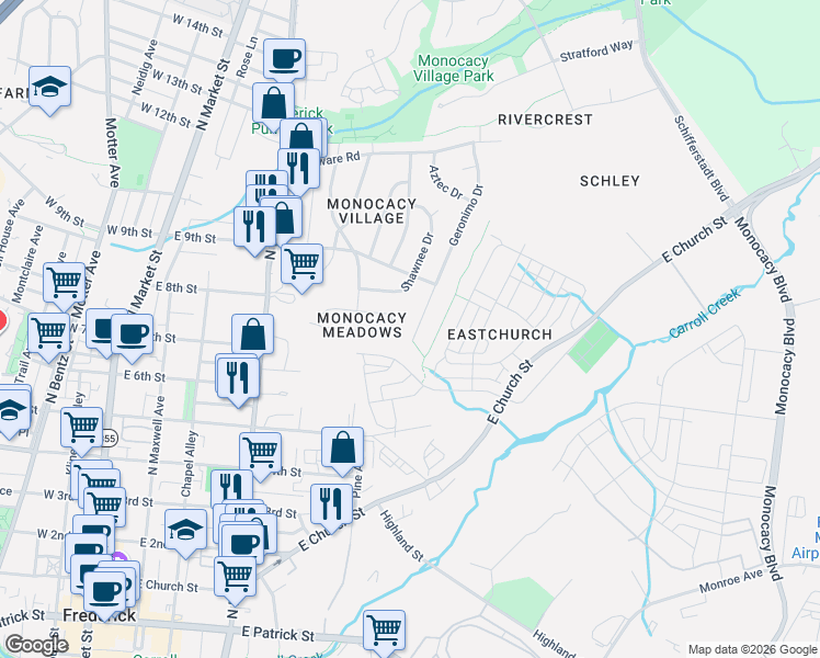 map of restaurants, bars, coffee shops, grocery stores, and more near 807 Apache Court in Frederick