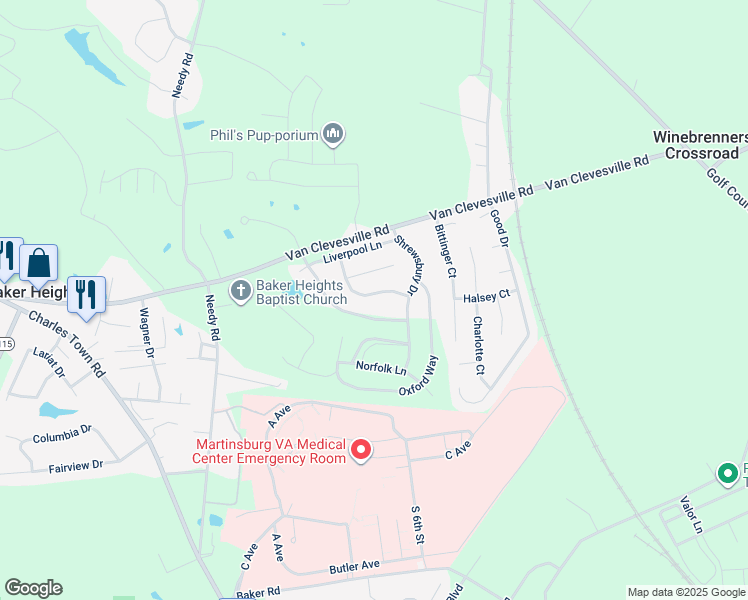 map of restaurants, bars, coffee shops, grocery stores, and more near 132 Serpentine Way in Martinsburg