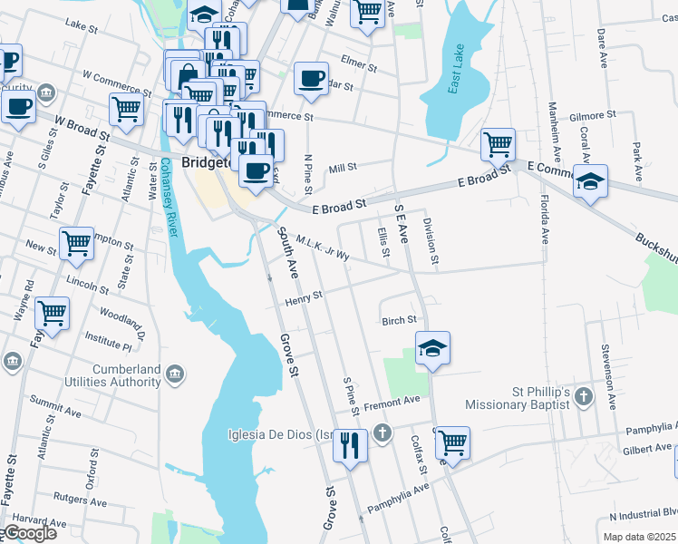 map of restaurants, bars, coffee shops, grocery stores, and more near 20 Spruce Street in Bridgeton