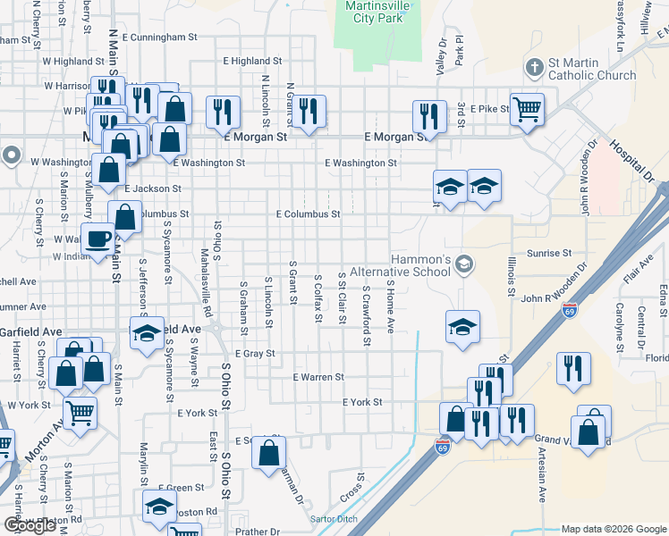 map of restaurants, bars, coffee shops, grocery stores, and more near 410 South Street Clair Street in Martinsville