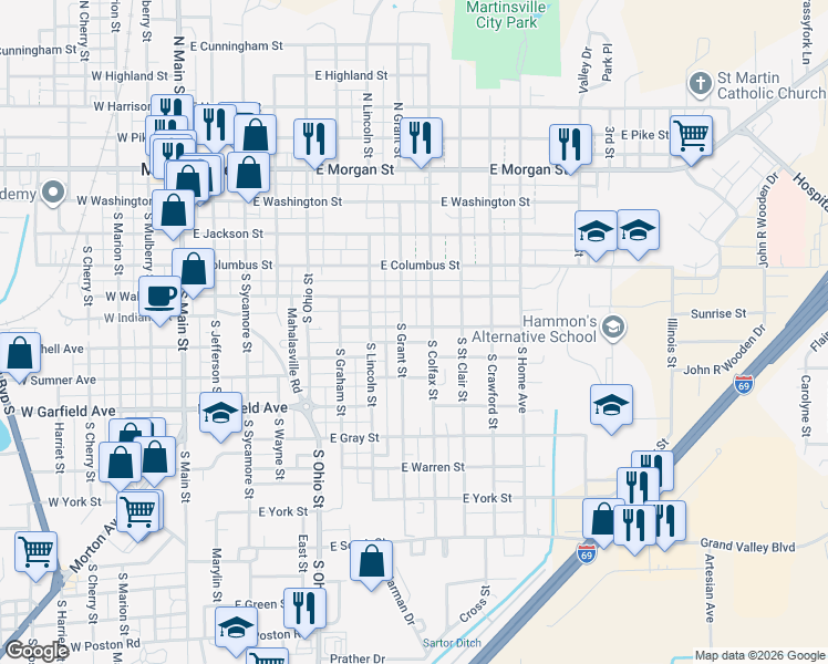map of restaurants, bars, coffee shops, grocery stores, and more near 729 East Nutter Street in Martinsville